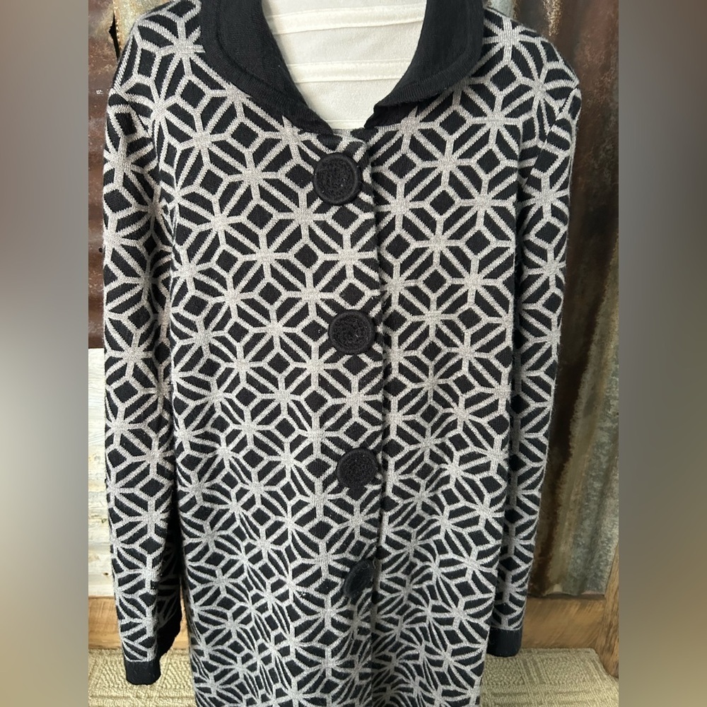 John Paul Richard Knit Cardigan Coat Black White Geometric Long Sleeve Sweater-L - Picture 2 of 9